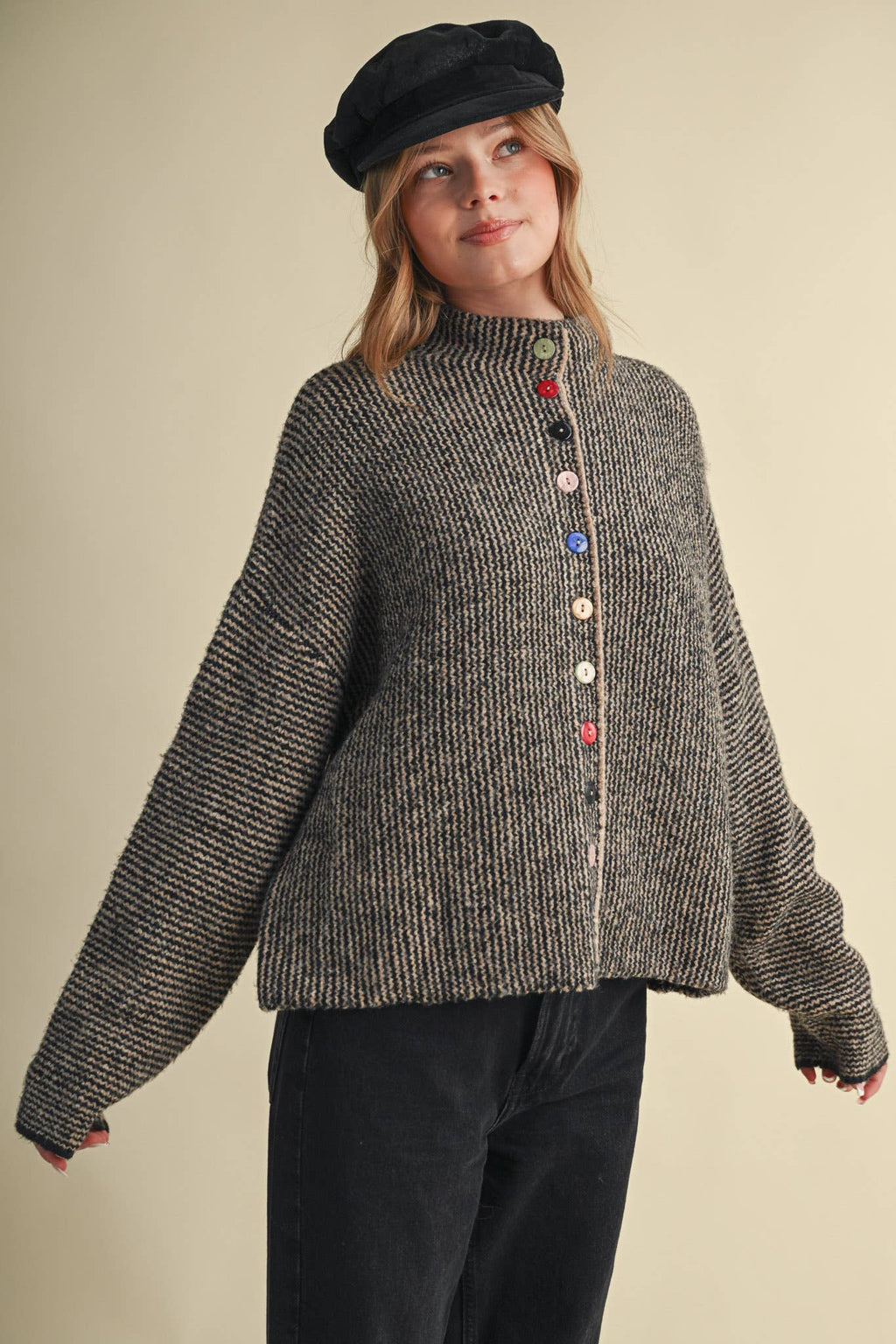 STRIPED SWEATER CARDIGAN WITH COLORFUL BUTTONS MSW11250