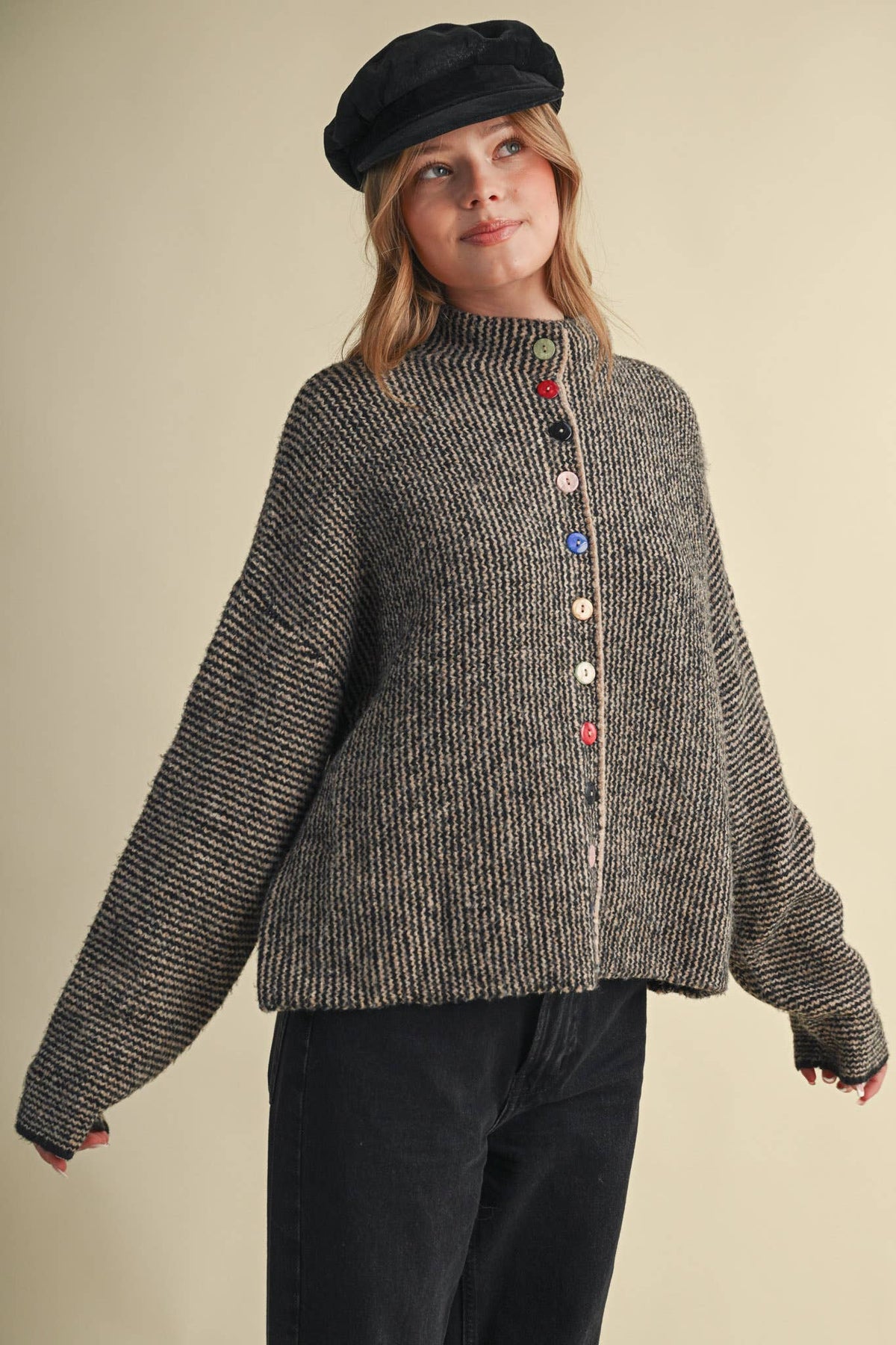 STRIPED SWEATER CARDIGAN WITH COLORFUL BUTTONS MSW11250