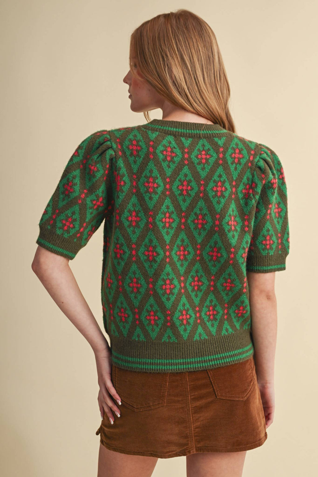 GEOMETRIC KNIT SHORT SLEEVE SWEATER MSW11653