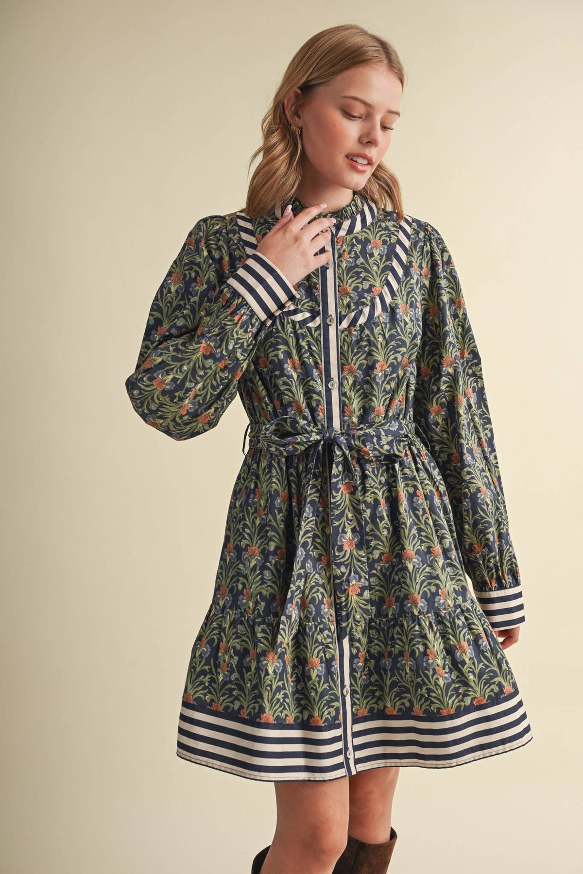 FLORAL BUTTON DOWN BELTED MINI DRESS MDR5271