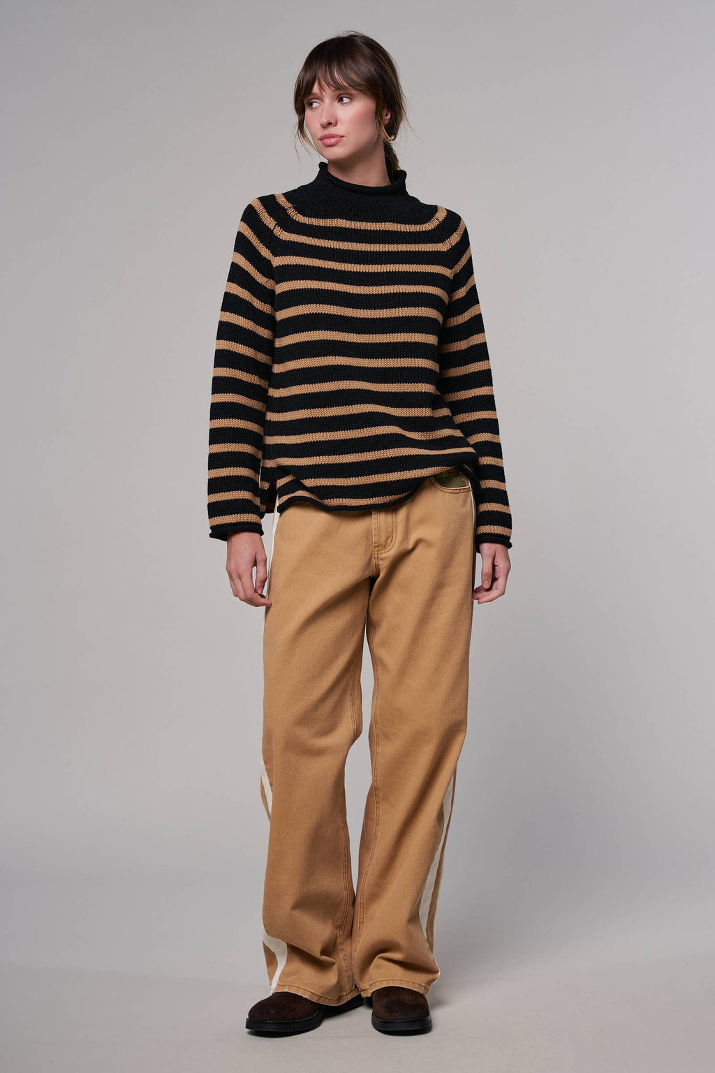 Striped Mock Neck Cotton Knit Sweater