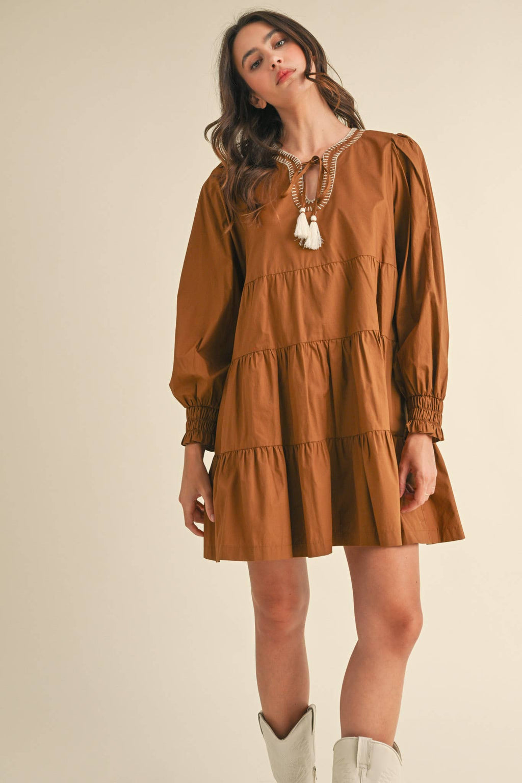TIE FRONT CONTRAST STITCH MINI DRESS MDR3641