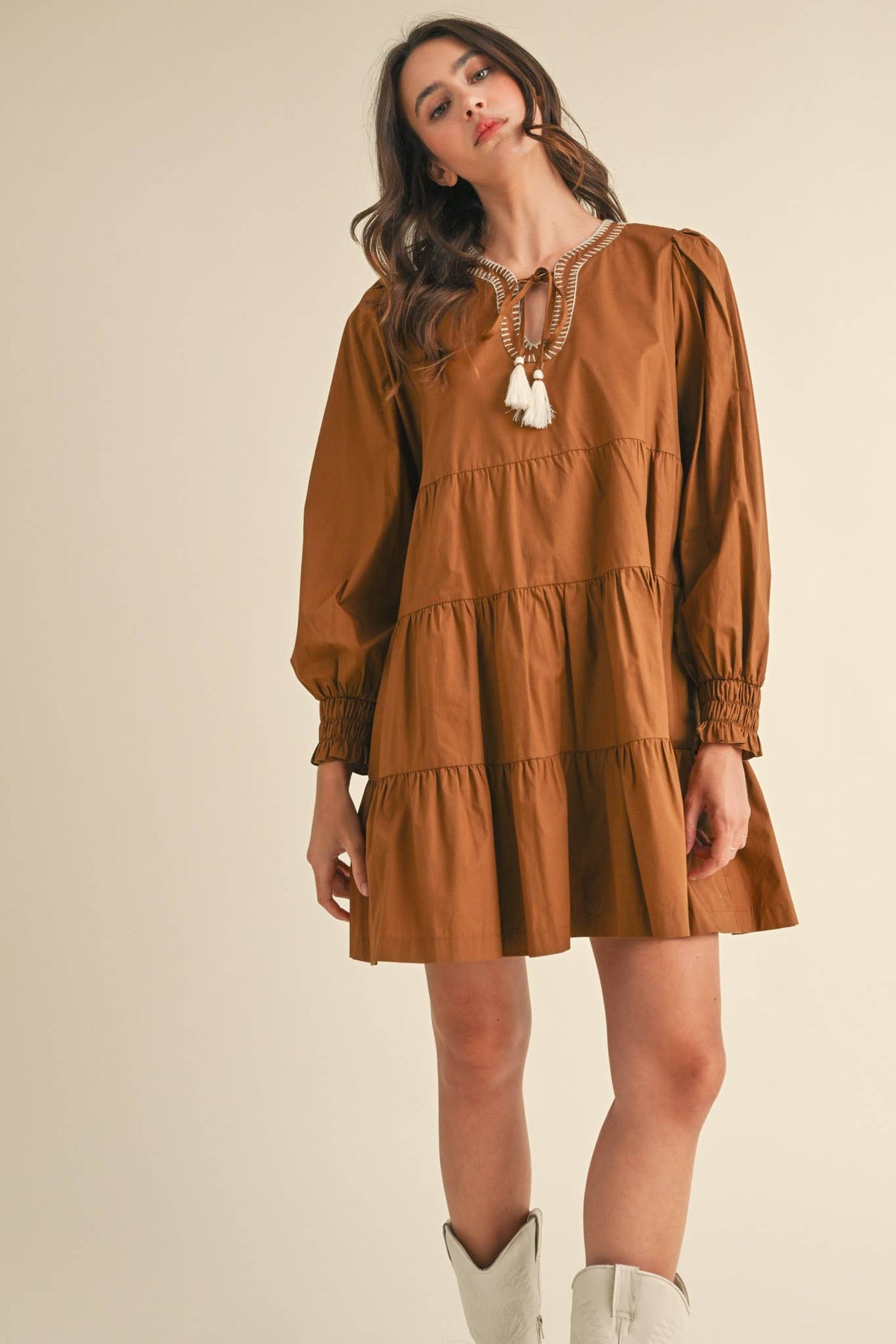TIE FRONT CONTRAST STITCH MINI DRESS MDR3641