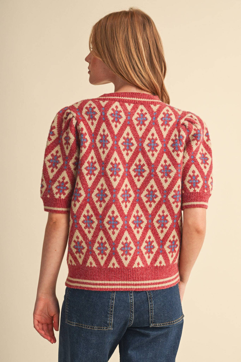 GEOMETRIC KNIT SHORT SLEEVE SWEATER MSW11653