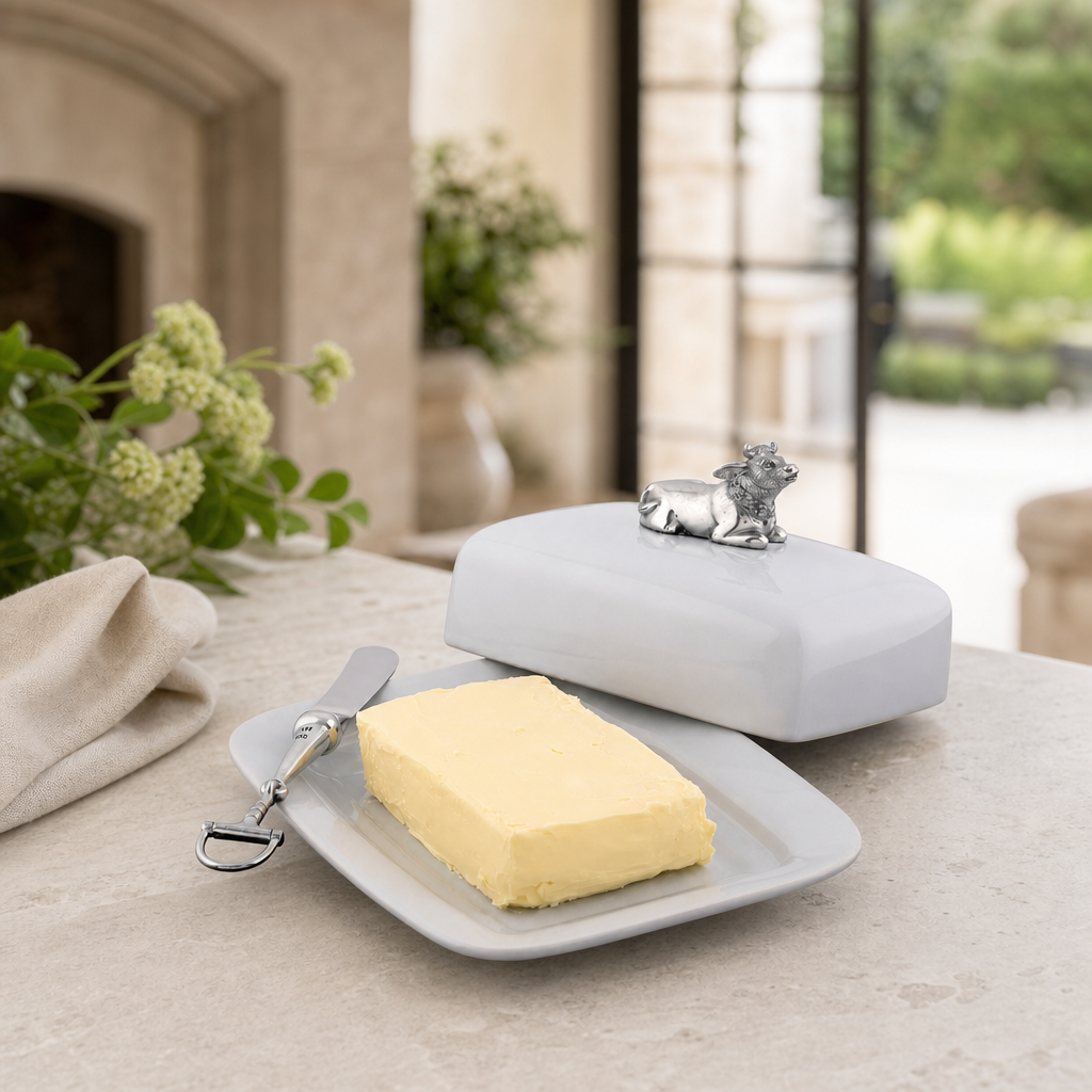 Stoneware Butter Dish with Pewter Mabel the Cow
