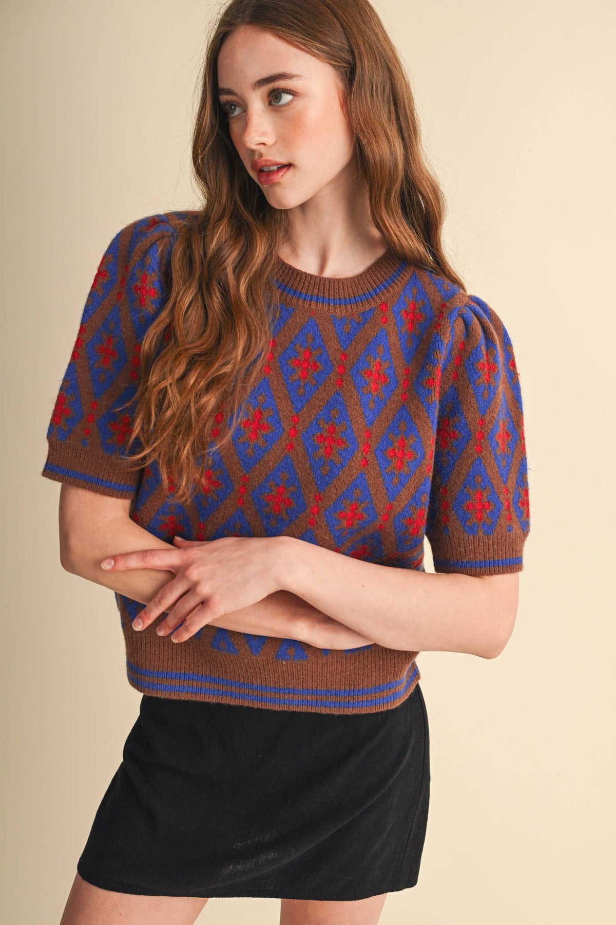 GEOMETRIC KNIT SHORT SLEEVE SWEATER MSW11653