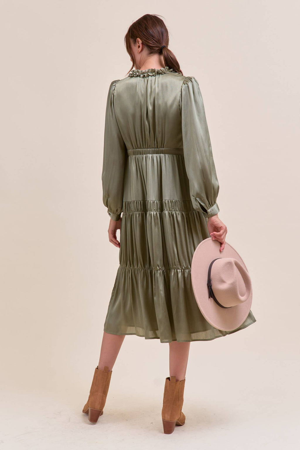 RUFFLE TIERED NECKLINE BUTTON DOWN MIDI DRESS MDR4199