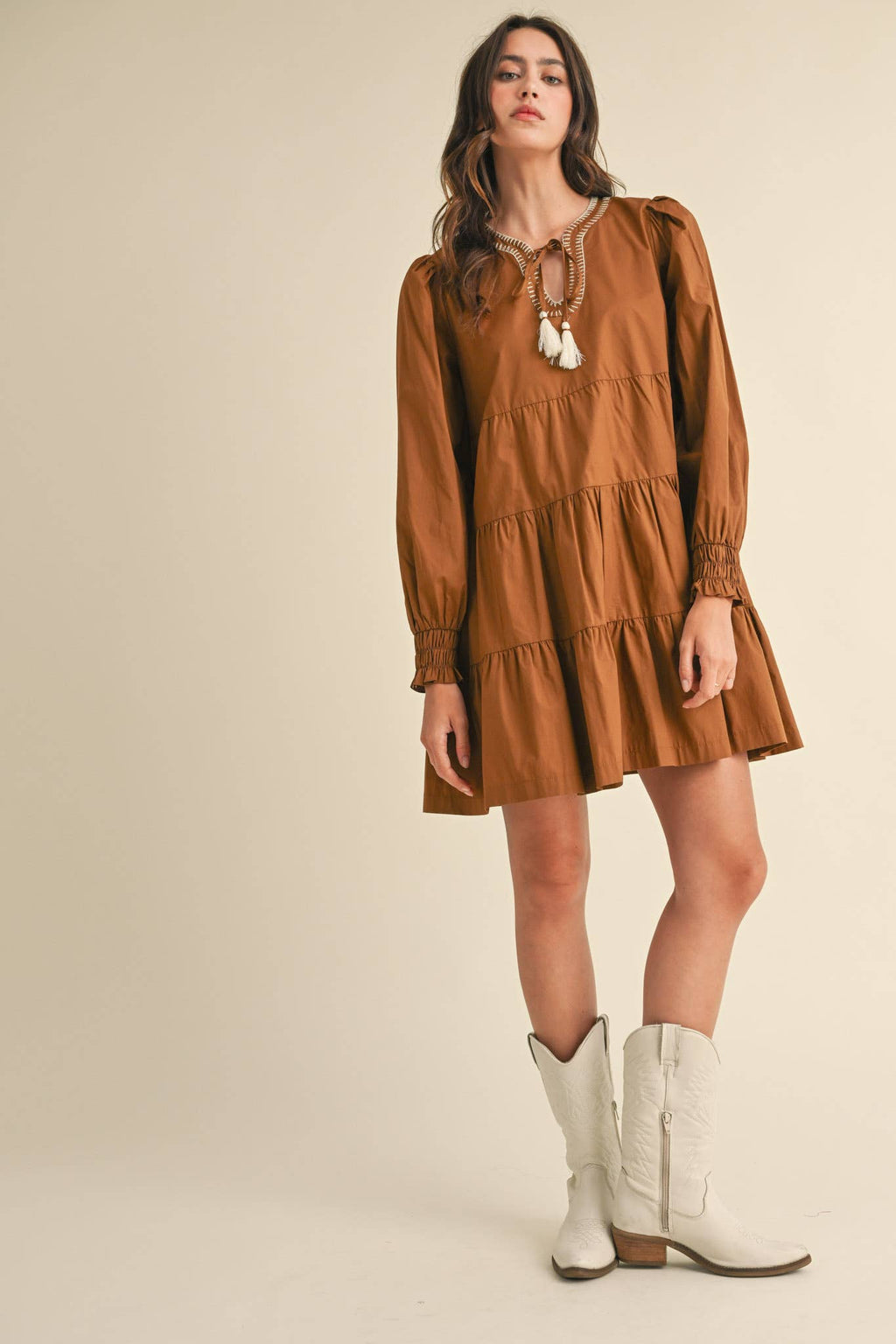 TIE FRONT CONTRAST STITCH MINI DRESS MDR3641