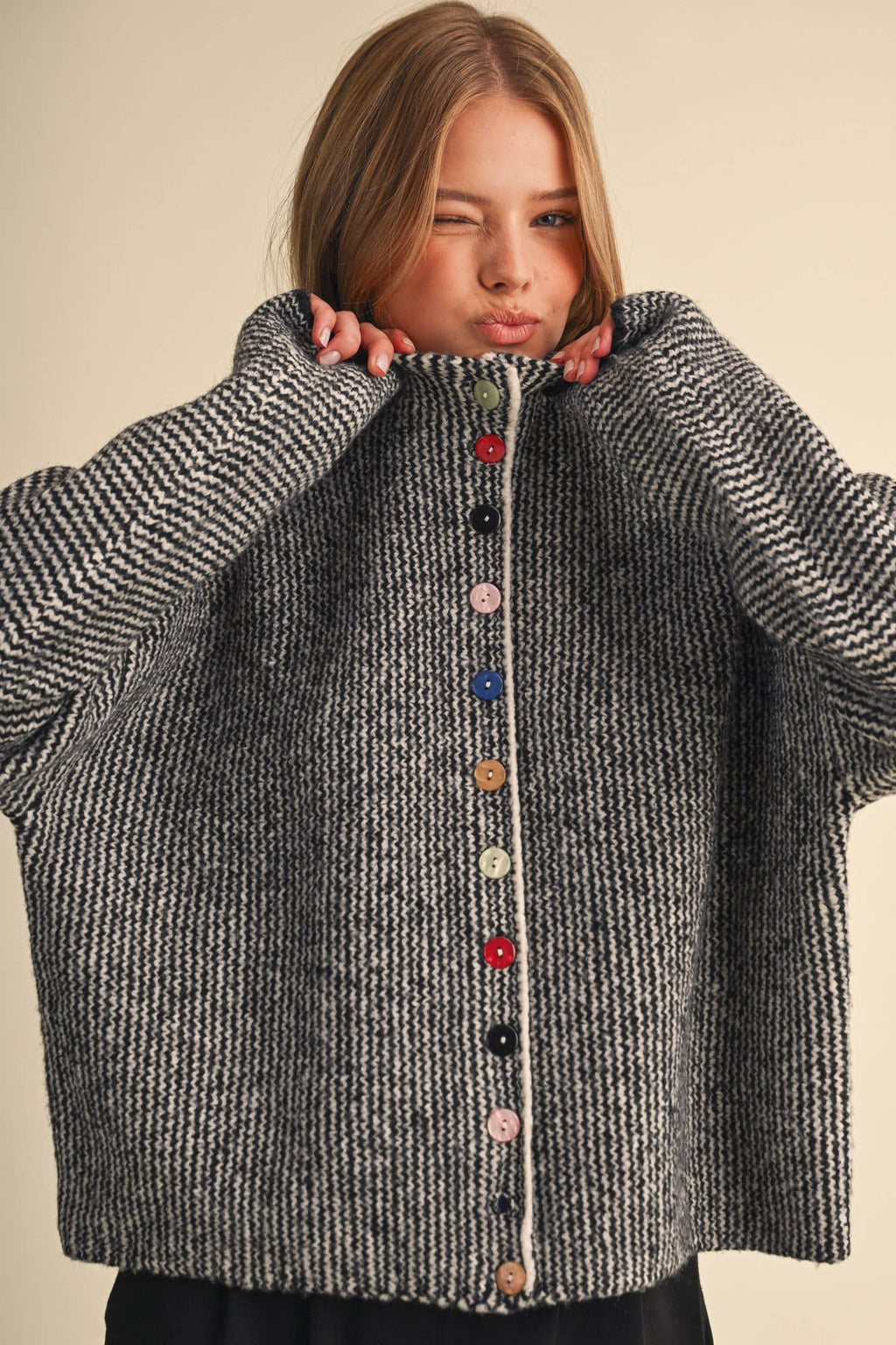 STRIPED SWEATER CARDIGAN WITH COLORFUL BUTTONS MSW11250