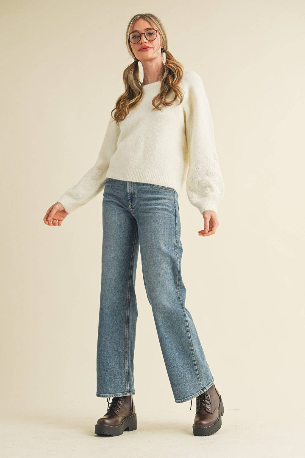 FLORAL KNIT PUFF SLEEVE SWEATER MSW10912