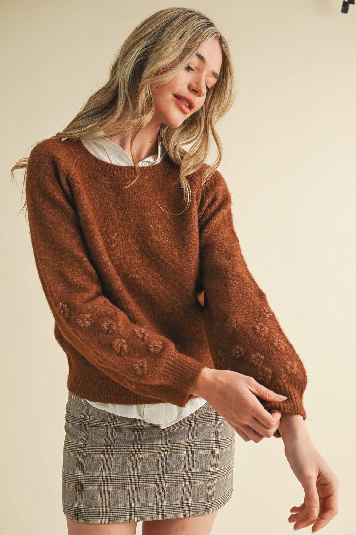 FLORAL KNIT PUFF SLEEVE SWEATER MSW10912