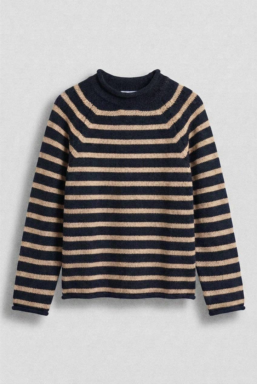 Striped Mock Neck Cotton Knit Sweater