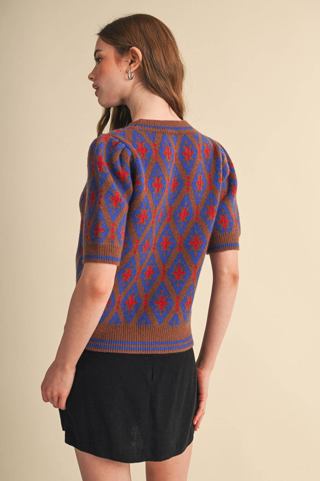 GEOMETRIC KNIT SHORT SLEEVE SWEATER MSW11653