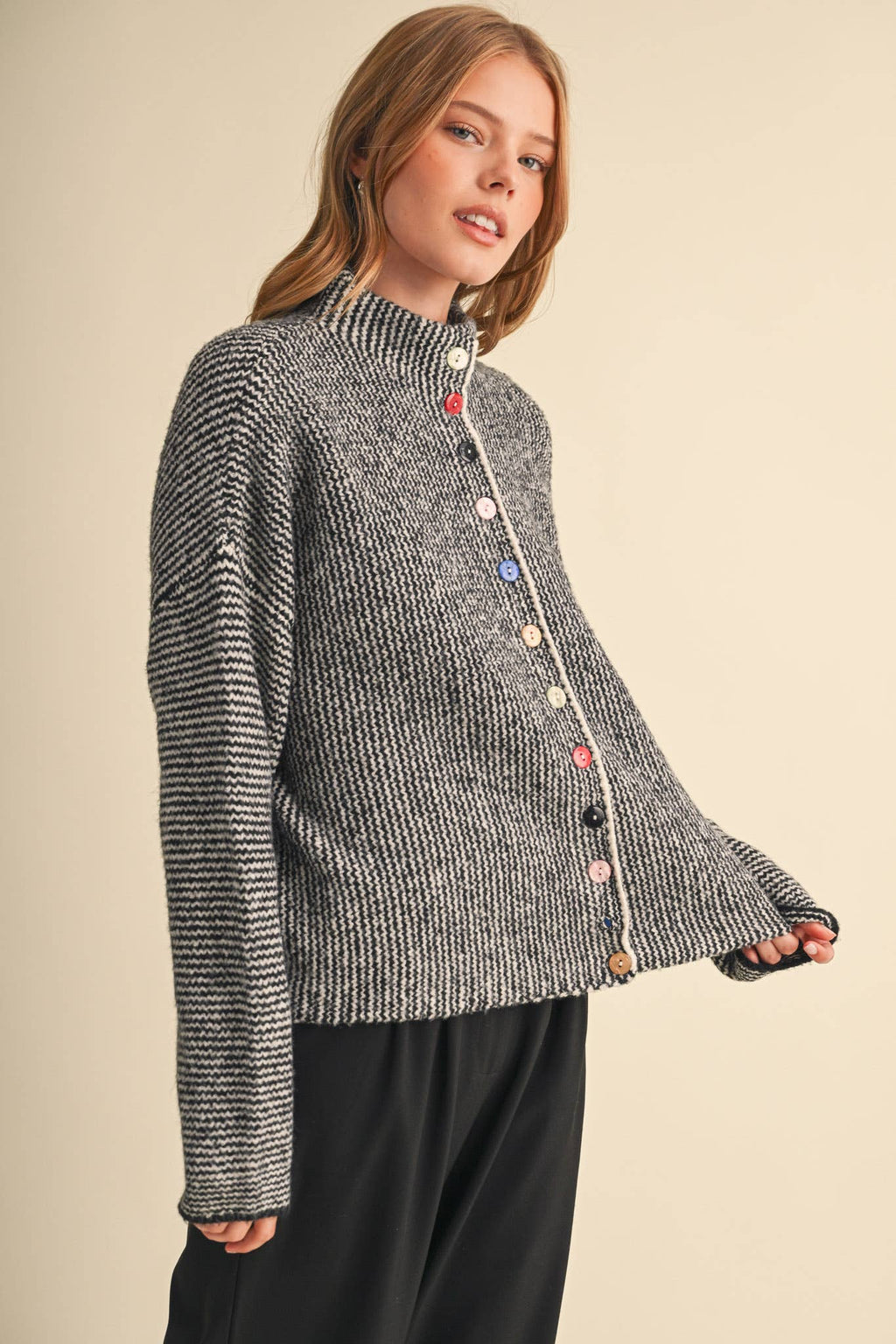 STRIPED SWEATER CARDIGAN WITH COLORFUL BUTTONS MSW11250