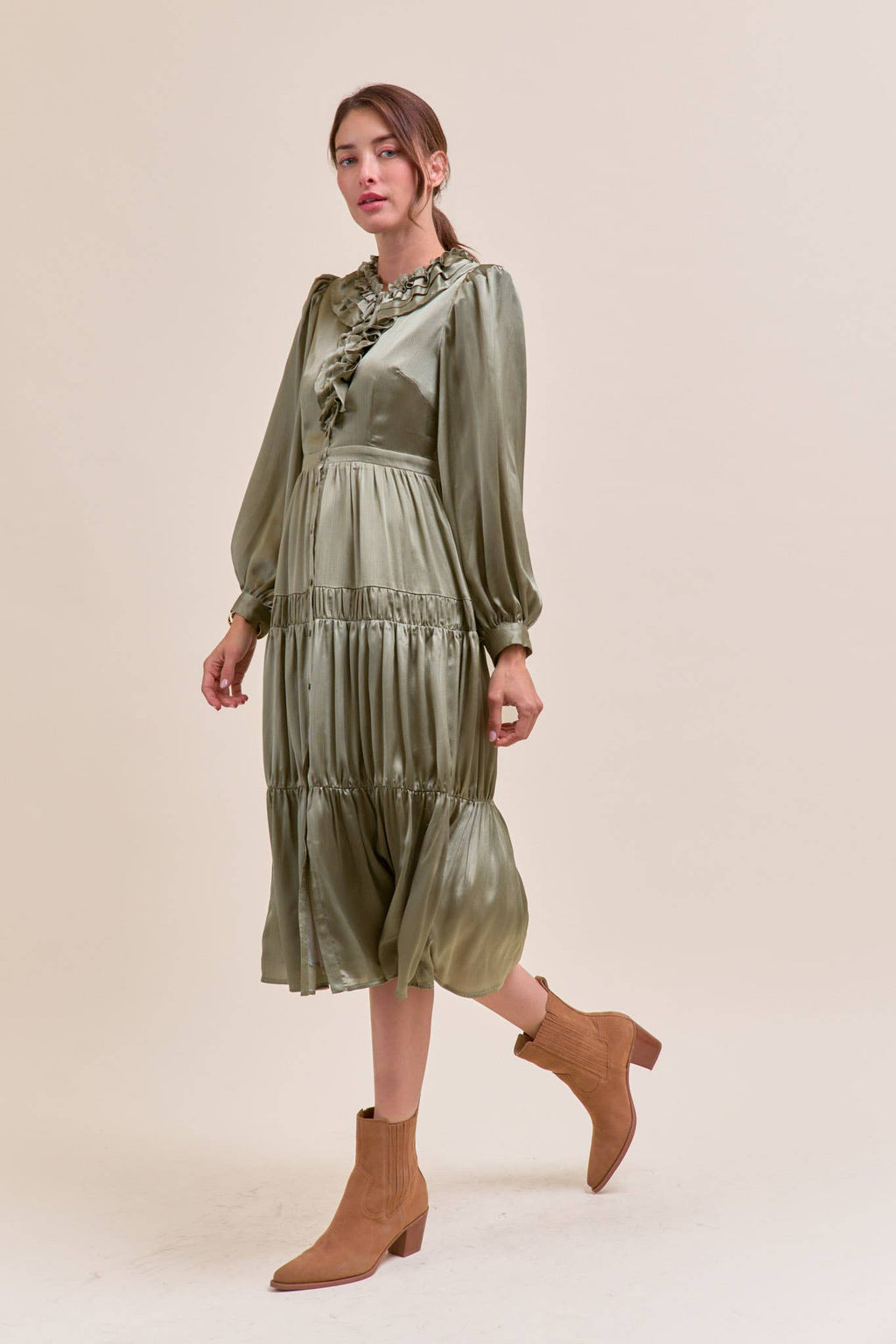 RUFFLE TIERED NECKLINE BUTTON DOWN MIDI DRESS MDR4199