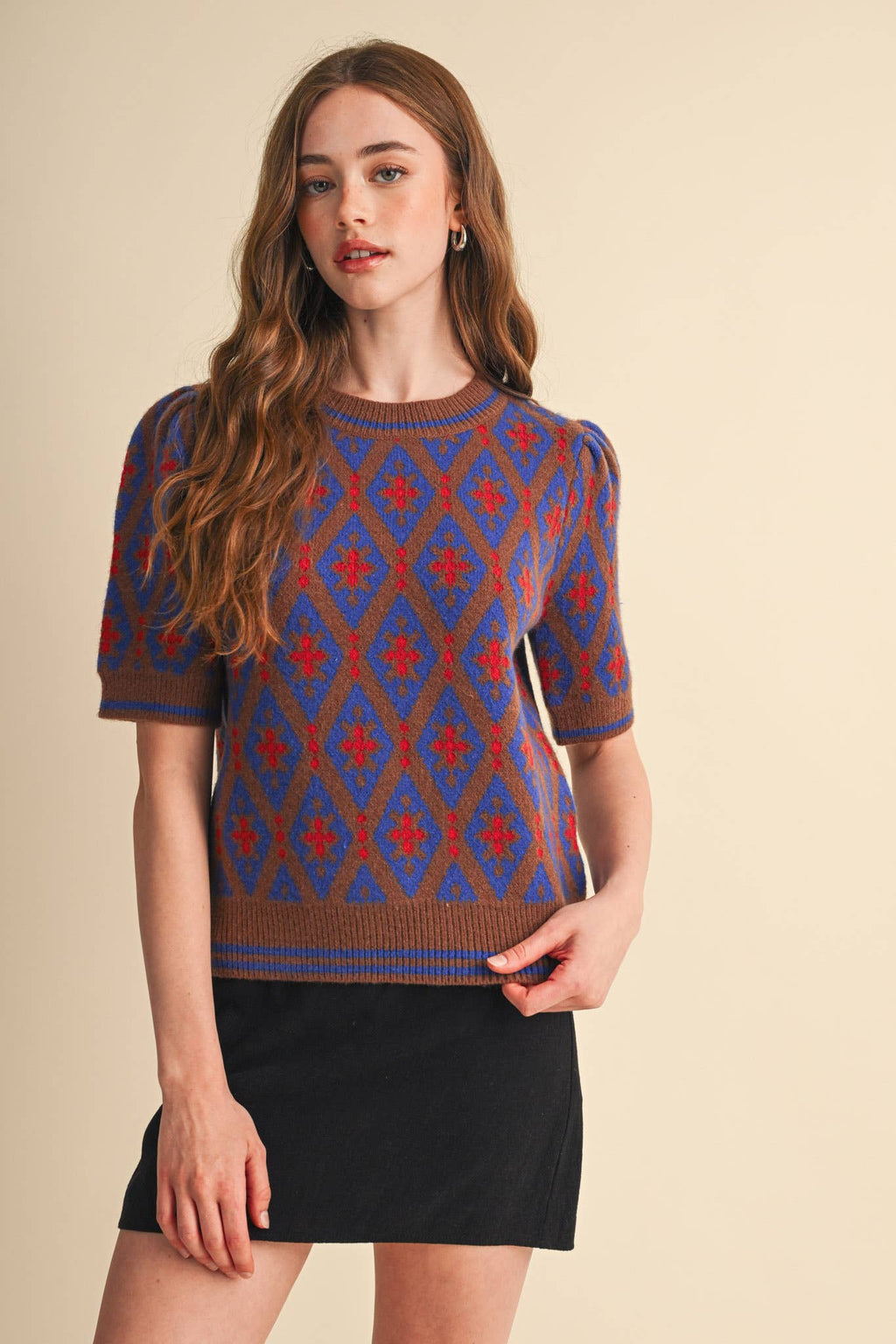 GEOMETRIC KNIT SHORT SLEEVE SWEATER MSW11653