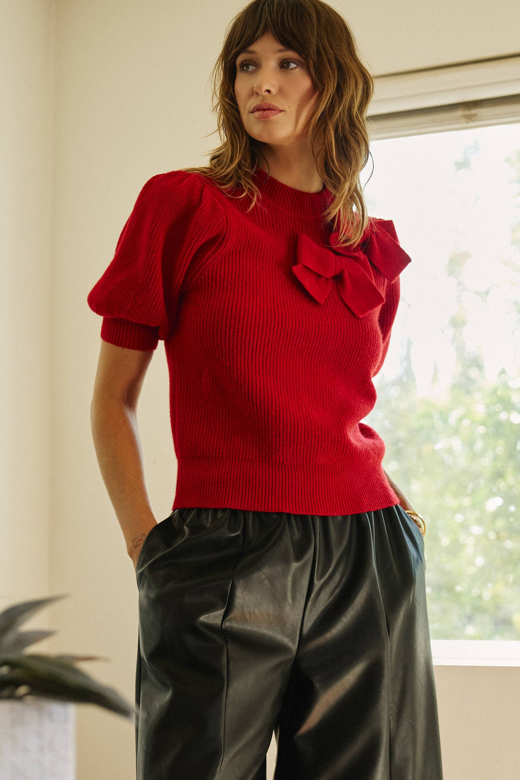 Bow Detail Puff Sleeve Mock Neck Sweater