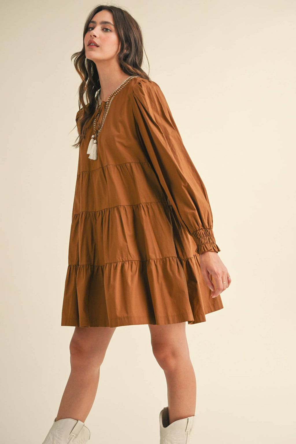 TIE FRONT CONTRAST STITCH MINI DRESS MDR3641