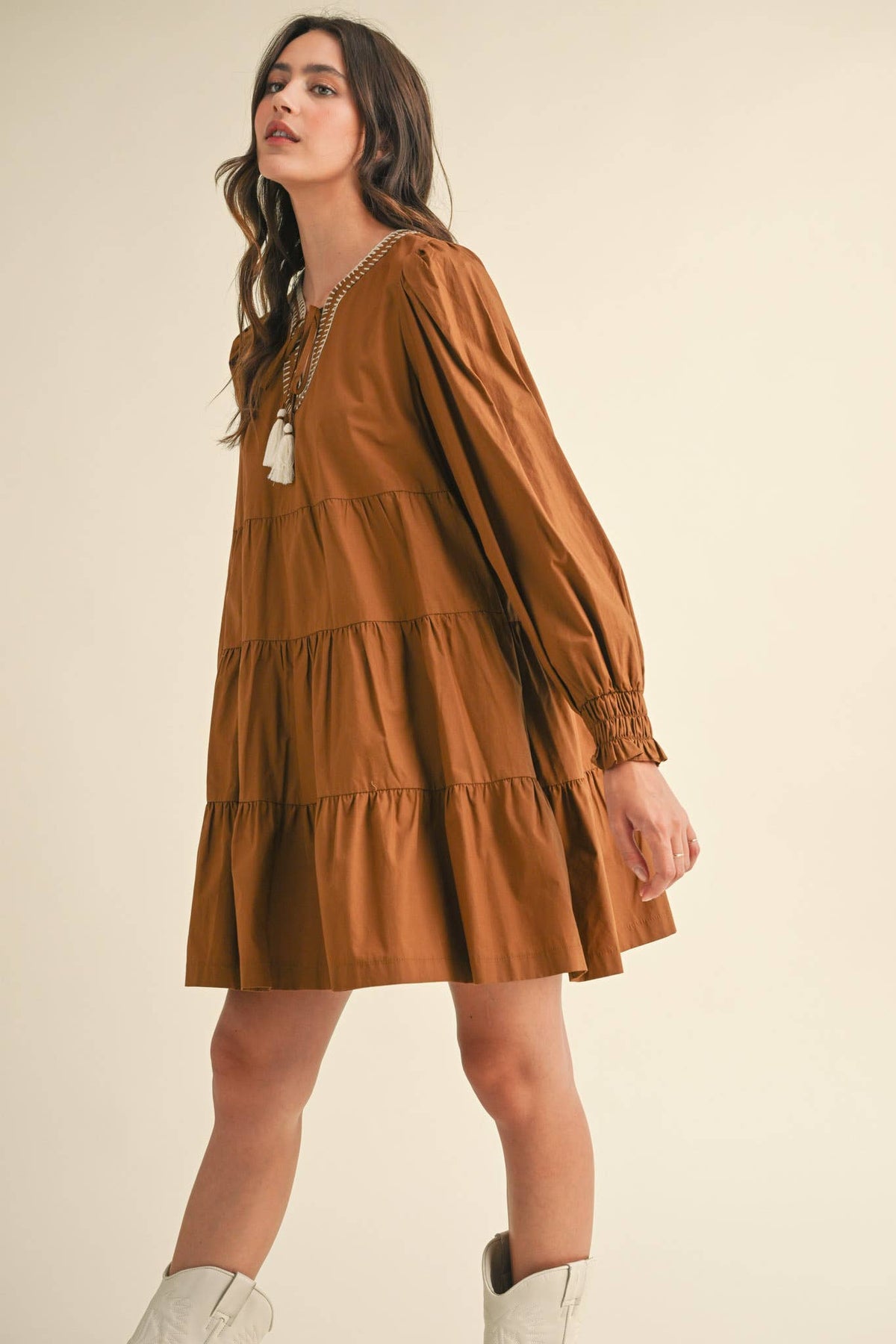 TIE FRONT CONTRAST STITCH MINI DRESS MDR3641