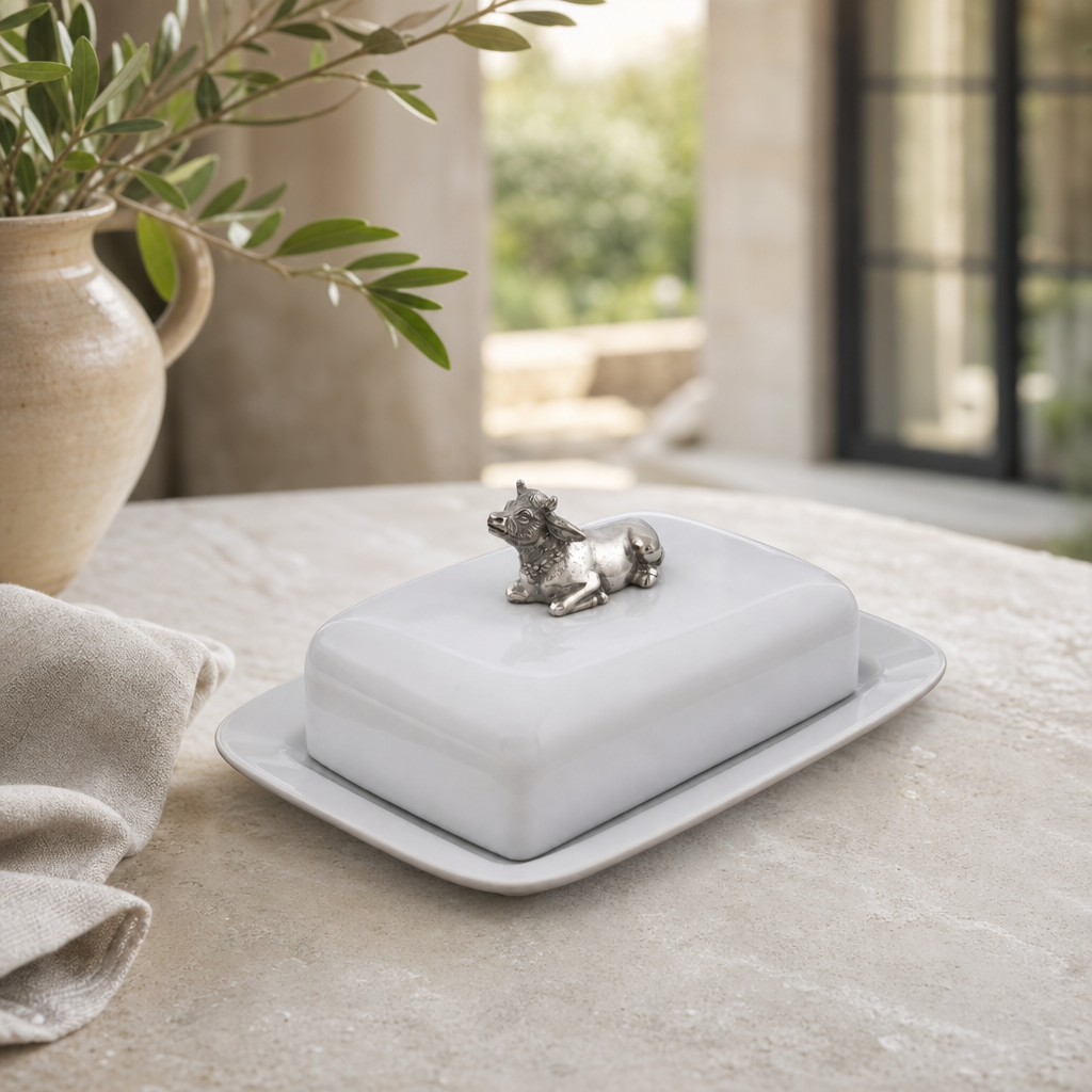 Stoneware Butter Dish with Pewter Mabel the Cow