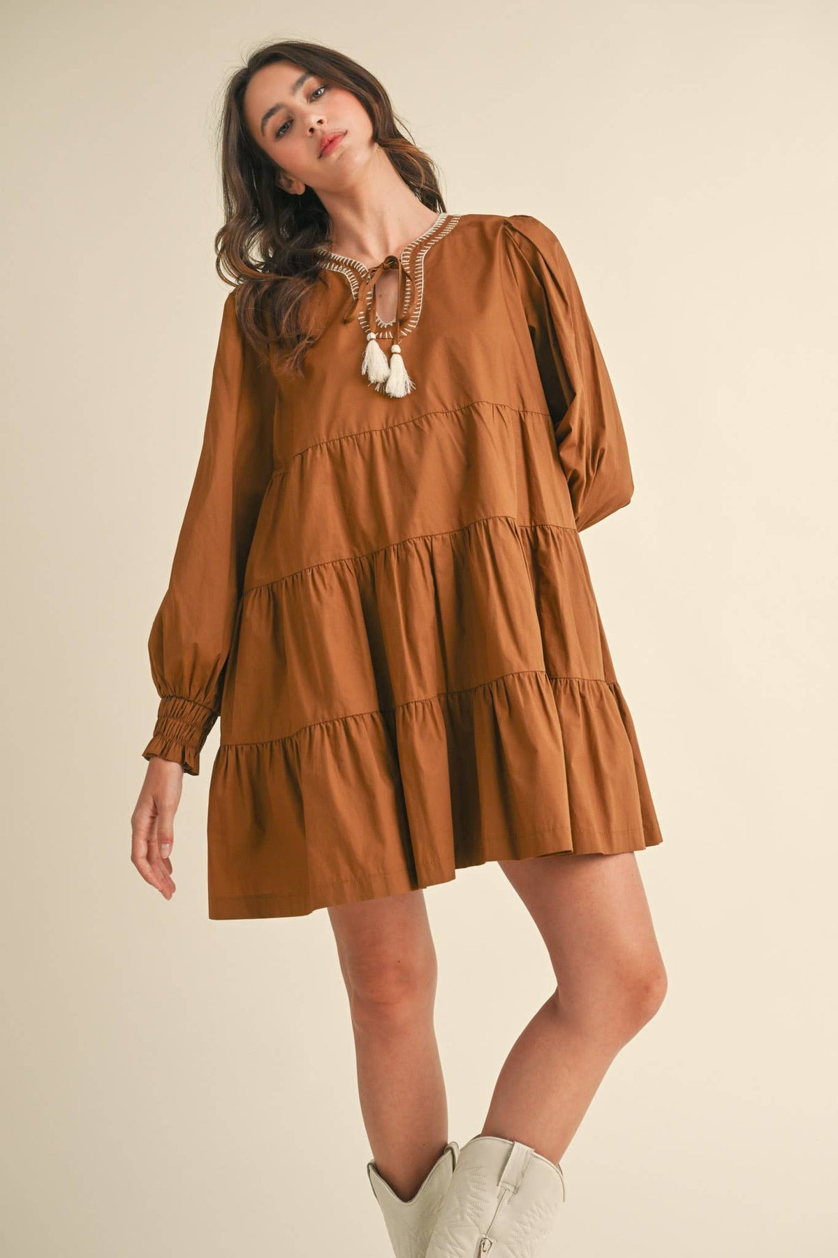 TIE FRONT CONTRAST STITCH MINI DRESS MDR3641