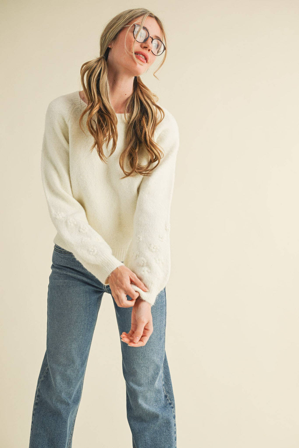 FLORAL KNIT PUFF SLEEVE SWEATER MSW10912