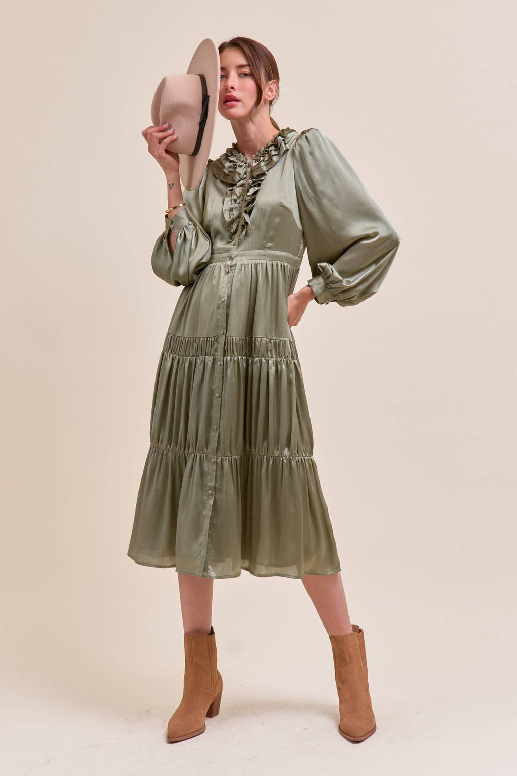 RUFFLE TIERED NECKLINE BUTTON DOWN MIDI DRESS MDR4199