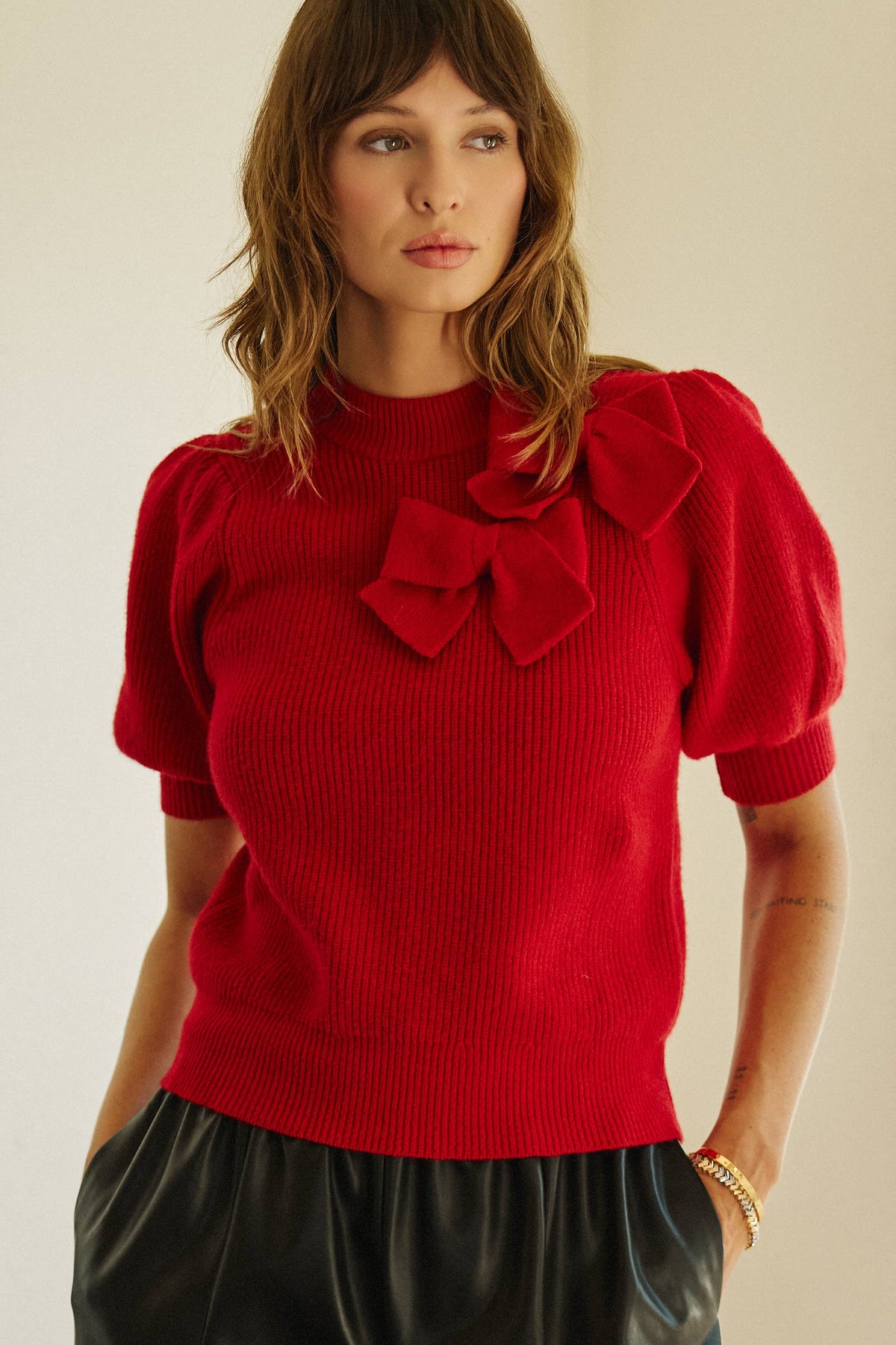 Bow Detail Puff Sleeve Mock Neck Sweater