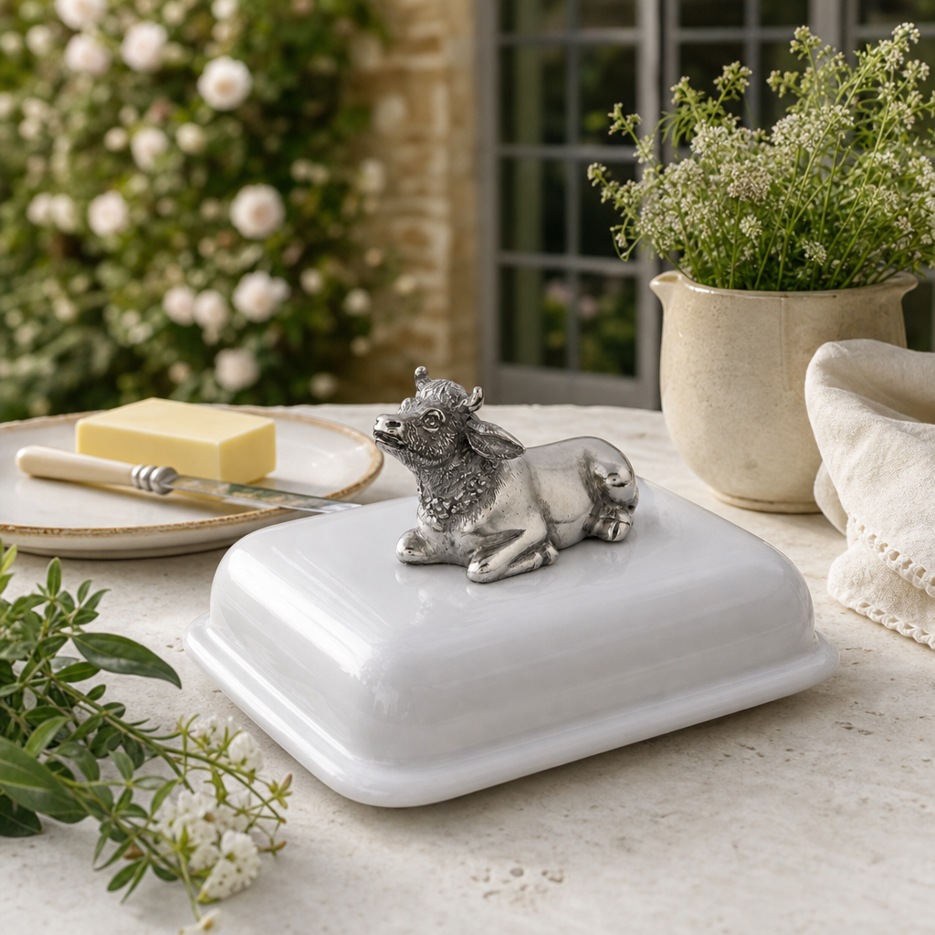 Stoneware Butter Dish with Pewter Mabel the Cow