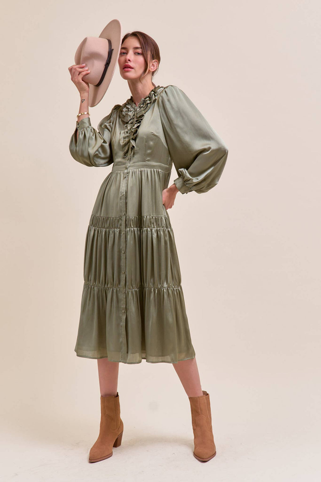 RUFFLE TIERED NECKLINE BUTTON DOWN MIDI DRESS MDR4199