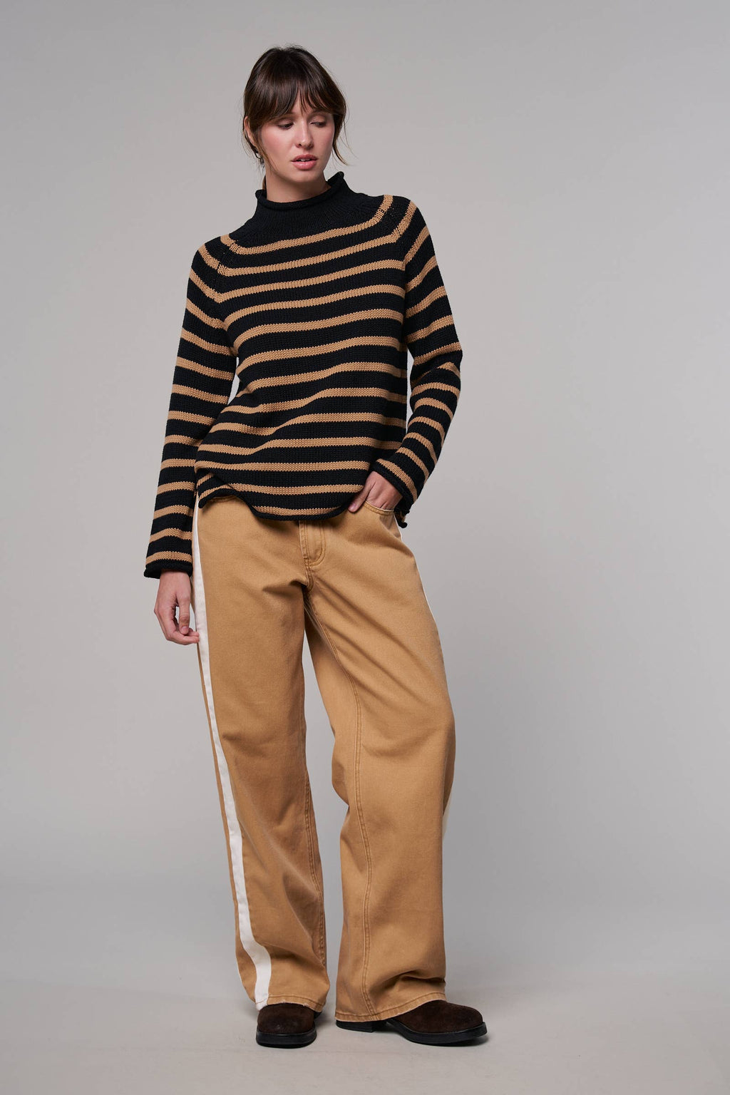 Striped Mock Neck Cotton Knit Sweater