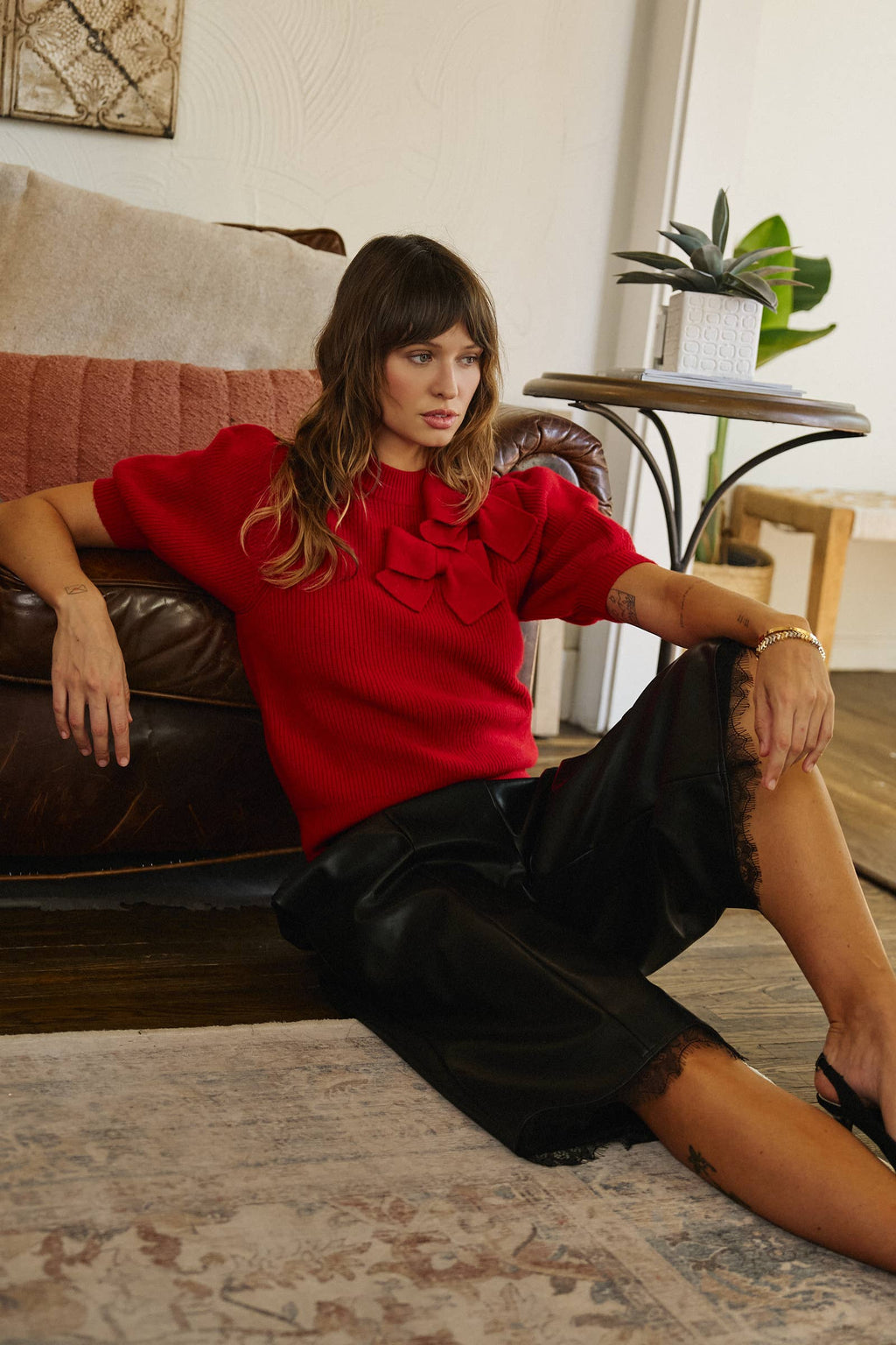 Bow Detail Puff Sleeve Mock Neck Sweater