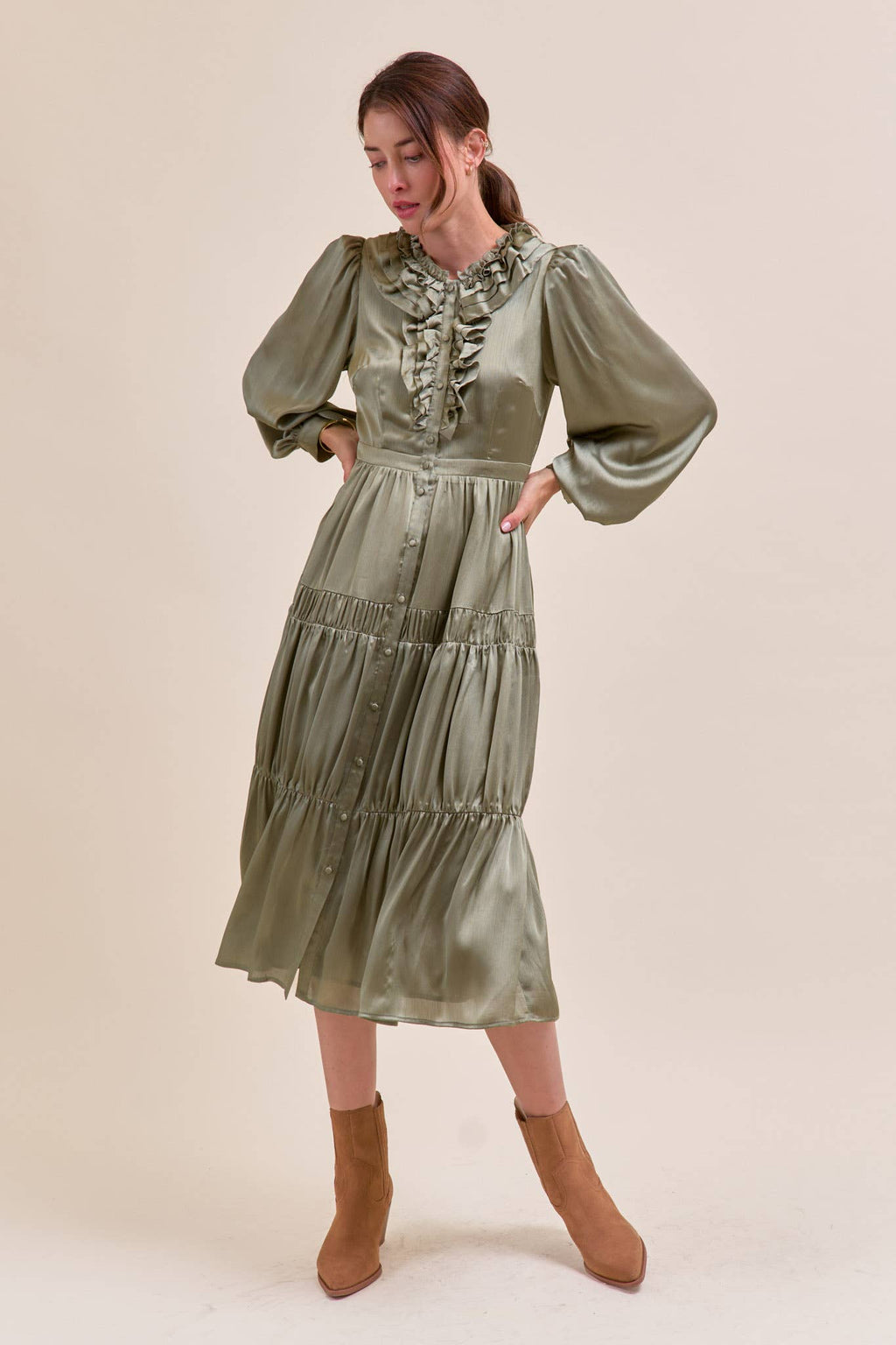 RUFFLE TIERED NECKLINE BUTTON DOWN MIDI DRESS MDR4199
