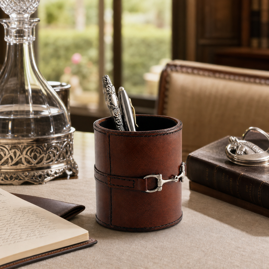 Premium Genuine Leather Stirrup Office Pen Holder