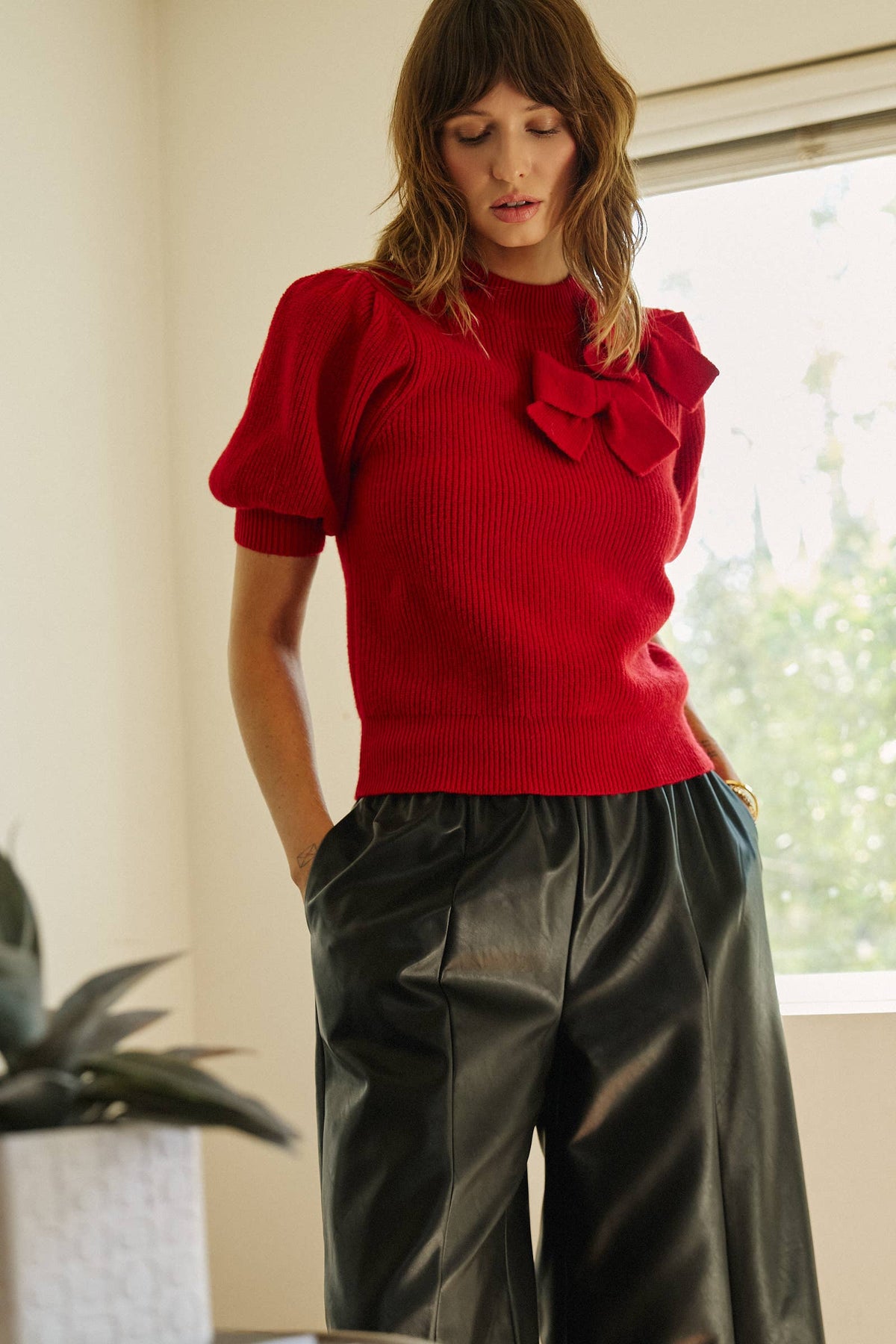 Bow Detail Puff Sleeve Mock Neck Sweater