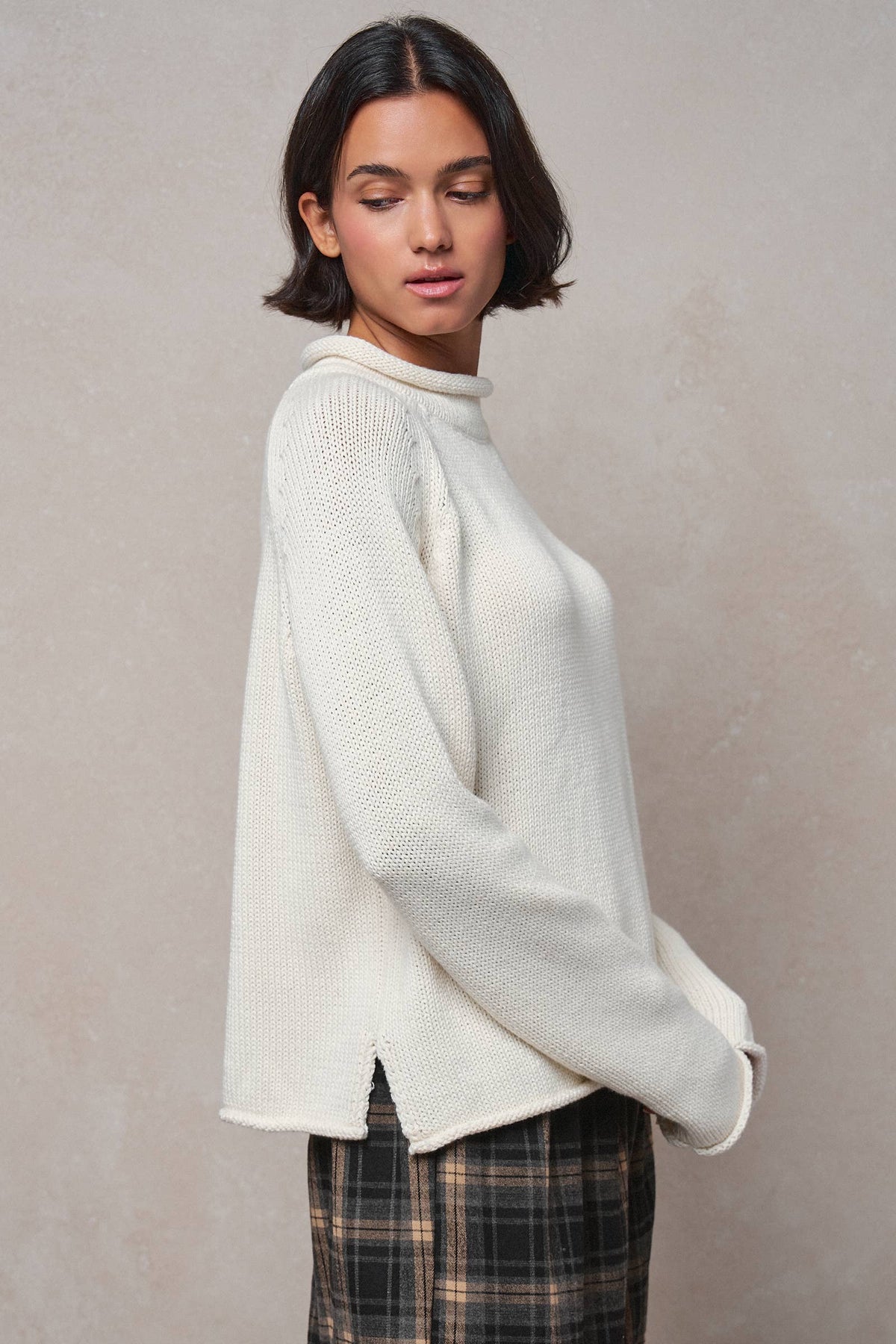 Striped Mock Neck Cotton Knit Sweater
