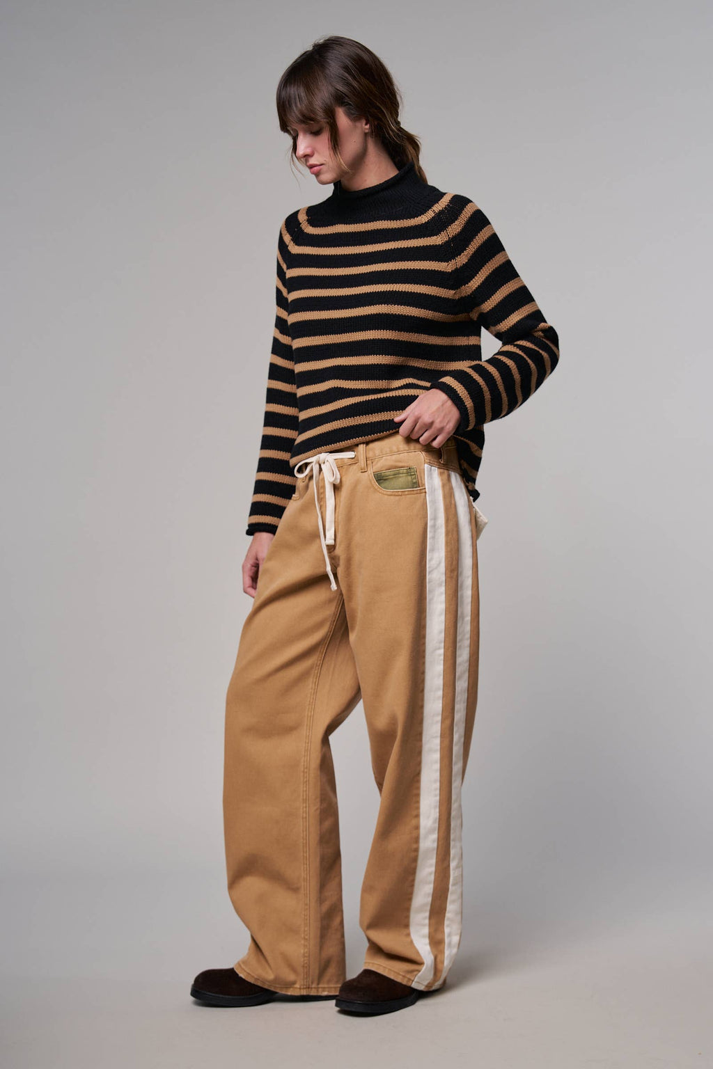 Striped Mock Neck Cotton Knit Sweater