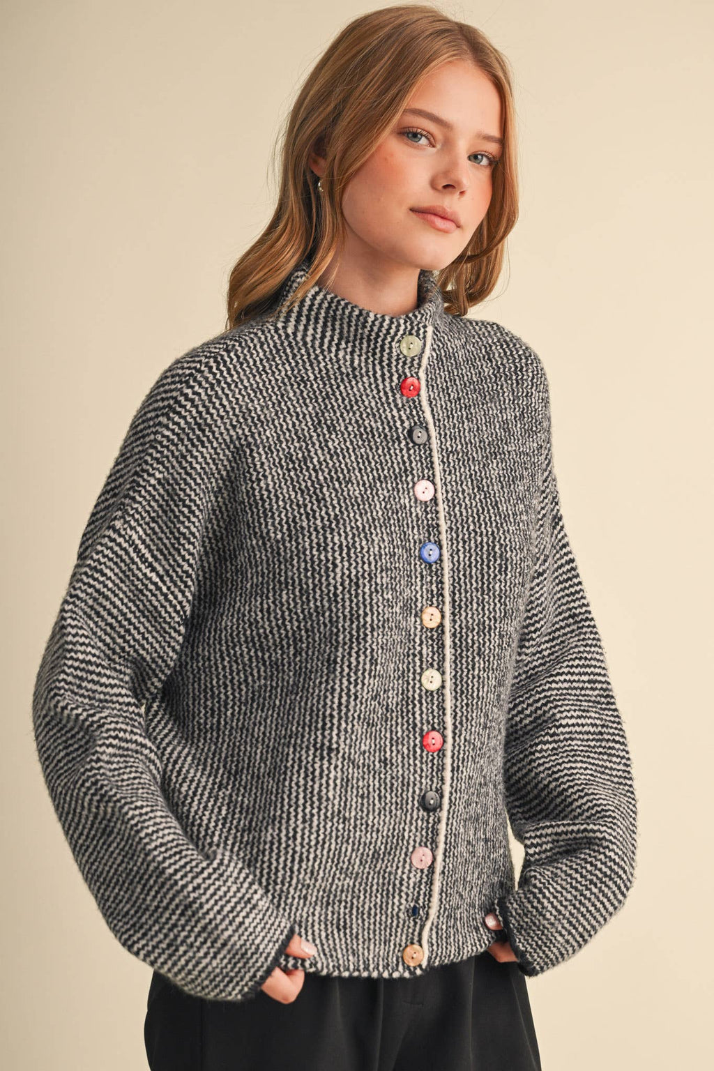 STRIPED SWEATER CARDIGAN WITH COLORFUL BUTTONS MSW11250