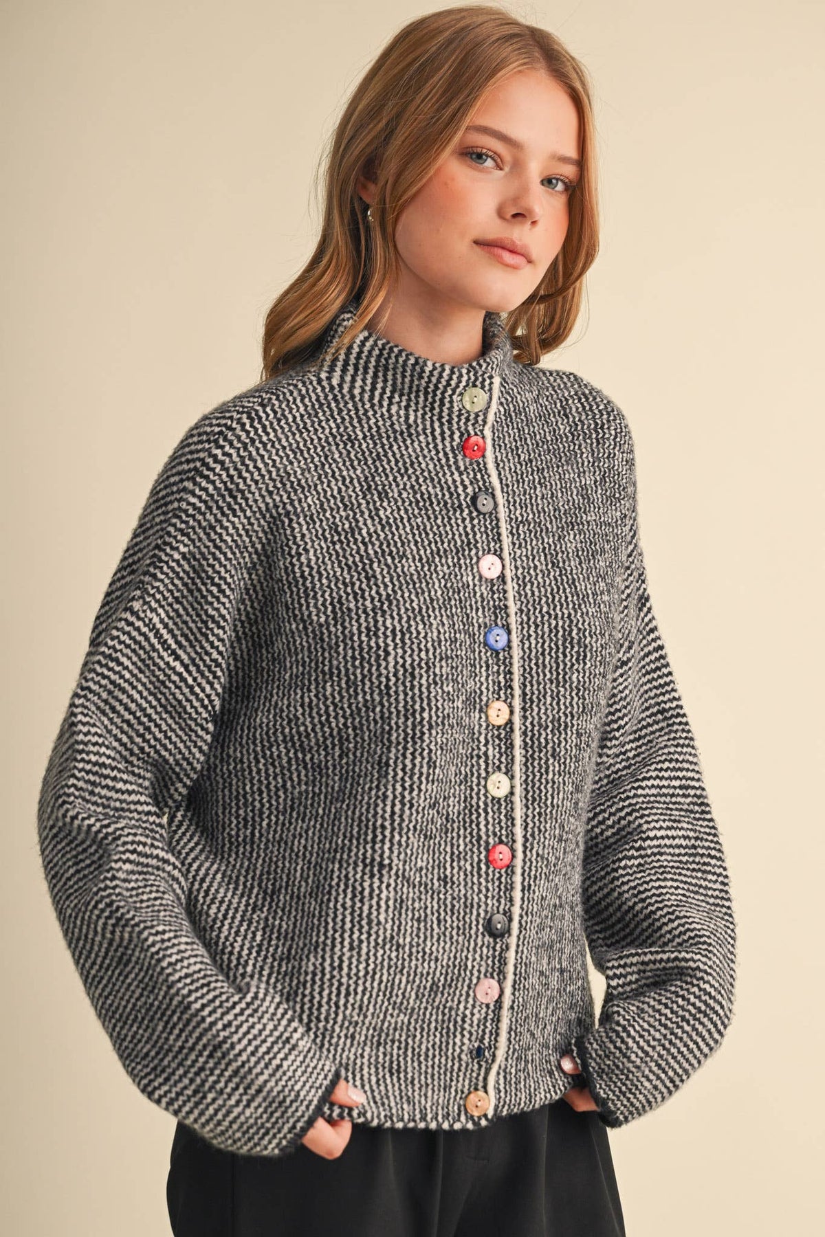 STRIPED SWEATER CARDIGAN WITH COLORFUL BUTTONS MSW11250