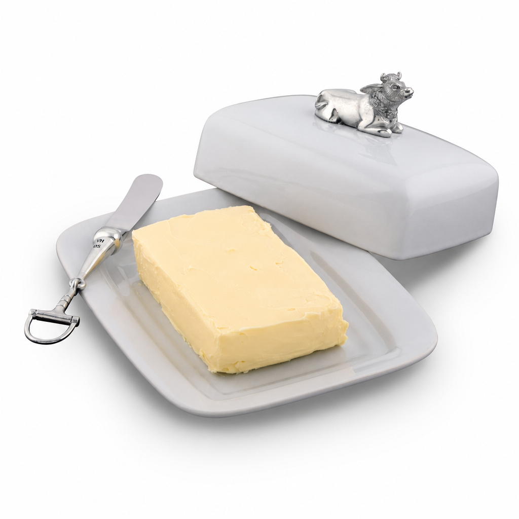 Stoneware Butter Dish with Pewter Mabel the Cow