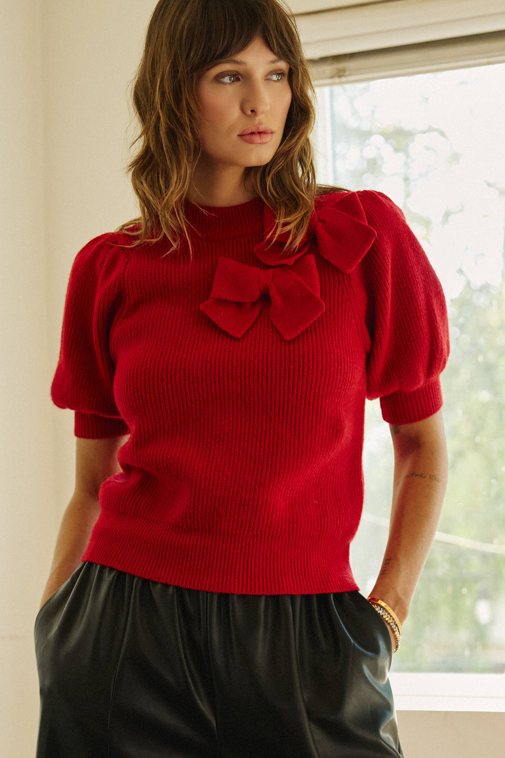 Bow Detail Puff Sleeve Mock Neck Sweater