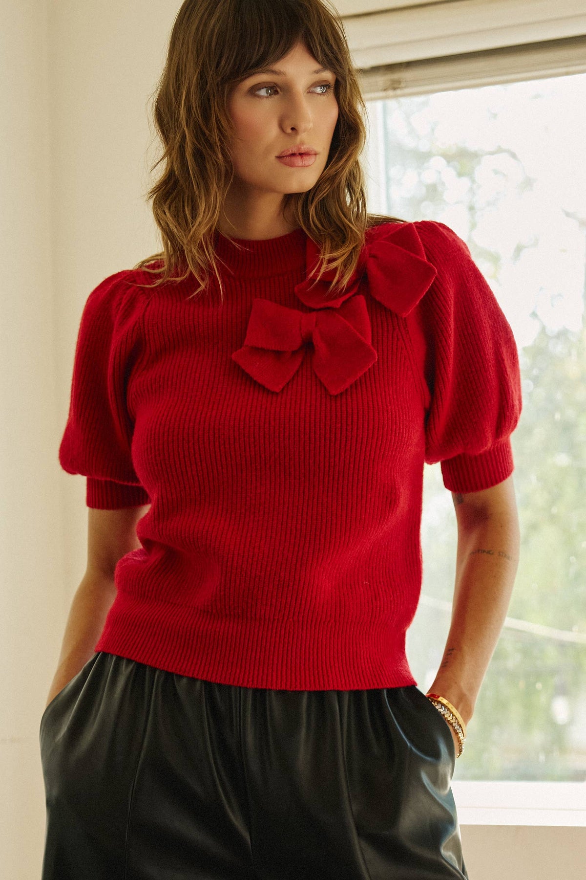 Bow Detail Puff Sleeve Mock Neck Sweater