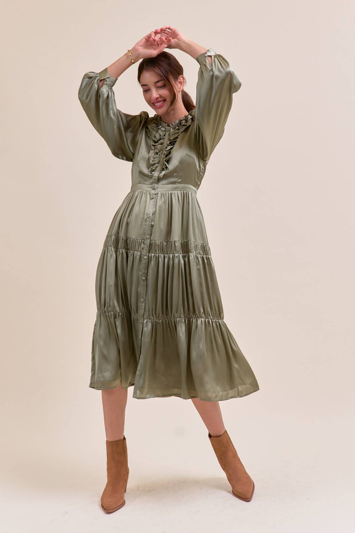 RUFFLE TIERED NECKLINE BUTTON DOWN MIDI DRESS MDR4199
