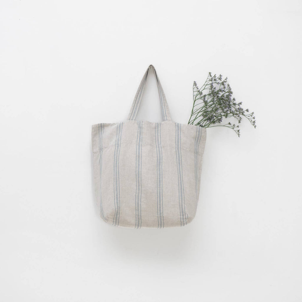 Grey Blue Wide Stripe Rustic Linen Big Bag