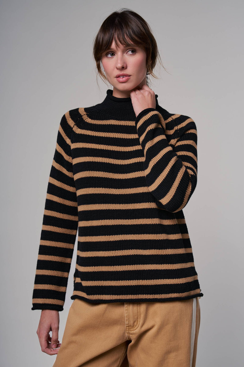 Striped Mock Neck Cotton Knit Sweater