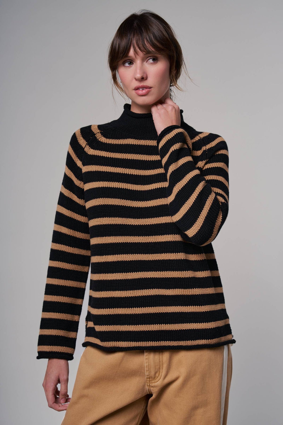 Striped Mock Neck Cotton Knit Sweater