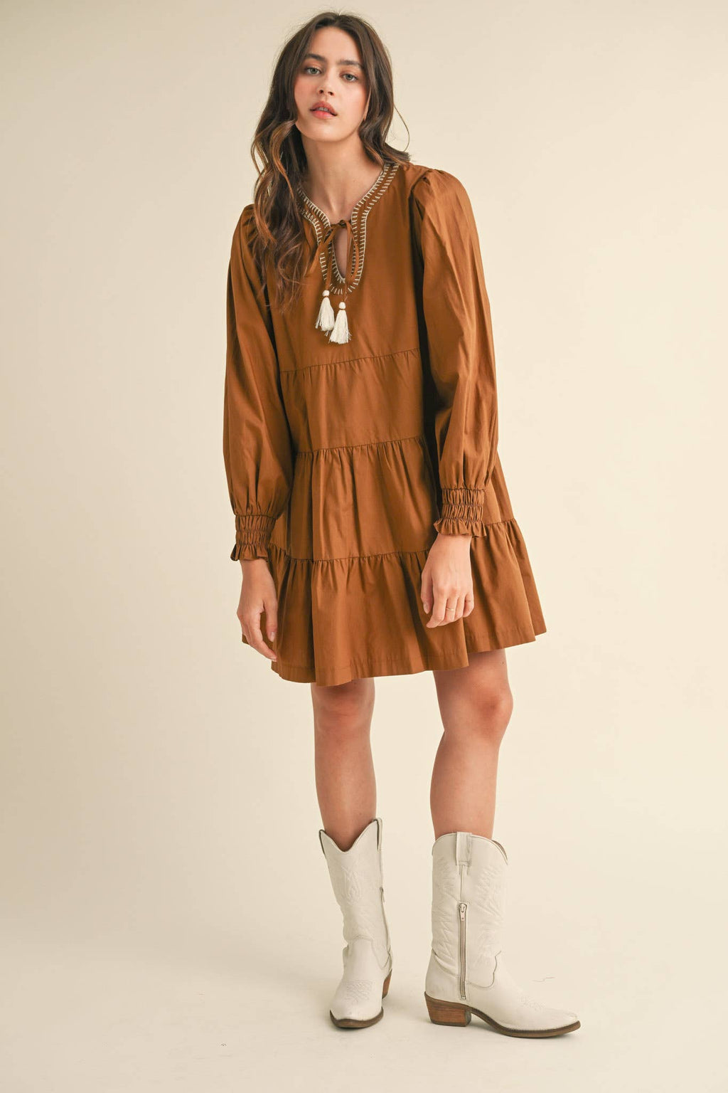 TIE FRONT CONTRAST STITCH MINI DRESS MDR3641