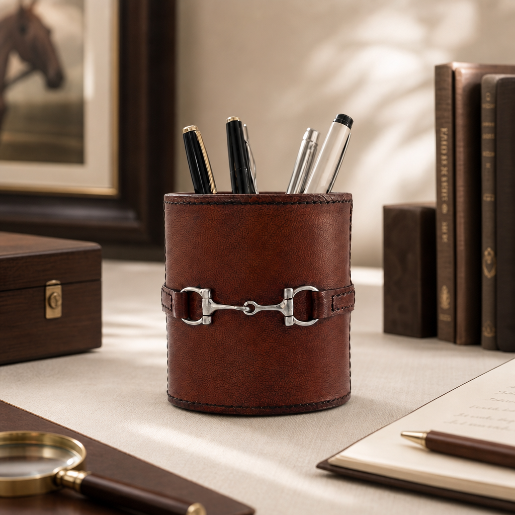 Premium Genuine Leather Stirrup Office Pen Holder