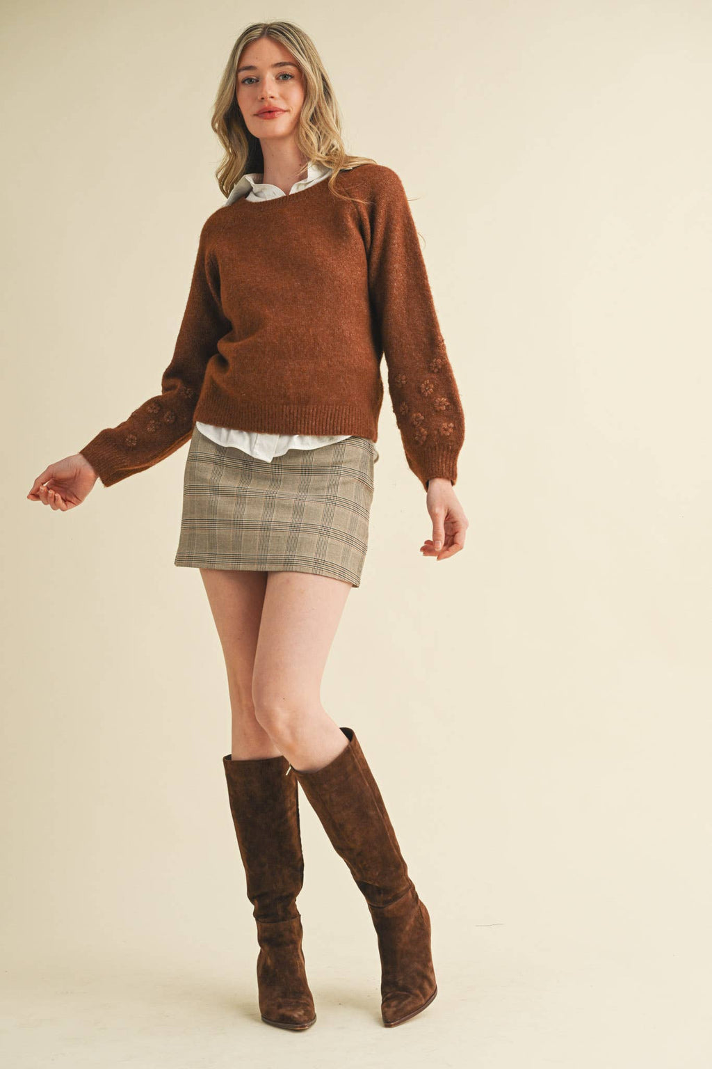 FLORAL KNIT PUFF SLEEVE SWEATER MSW10912