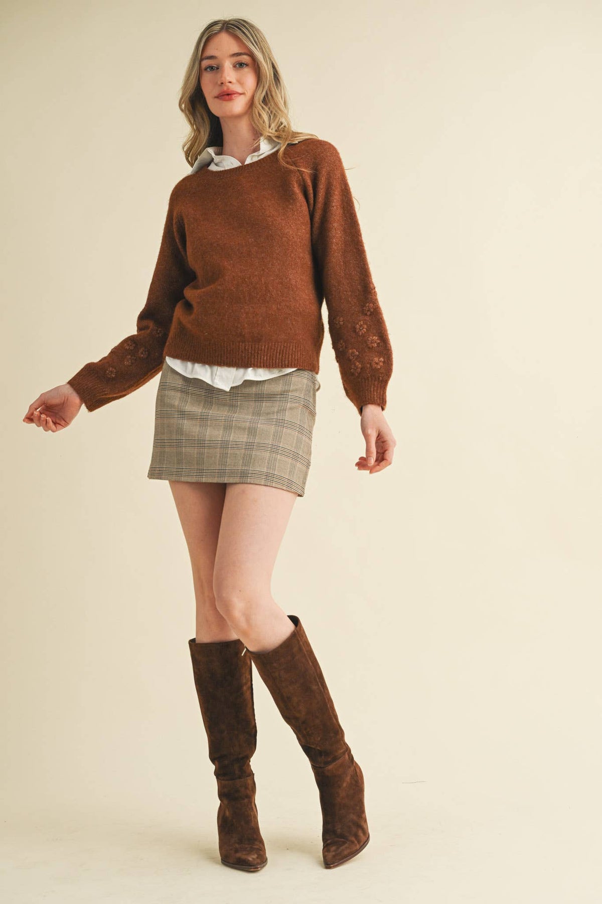 FLORAL KNIT PUFF SLEEVE SWEATER MSW10912
